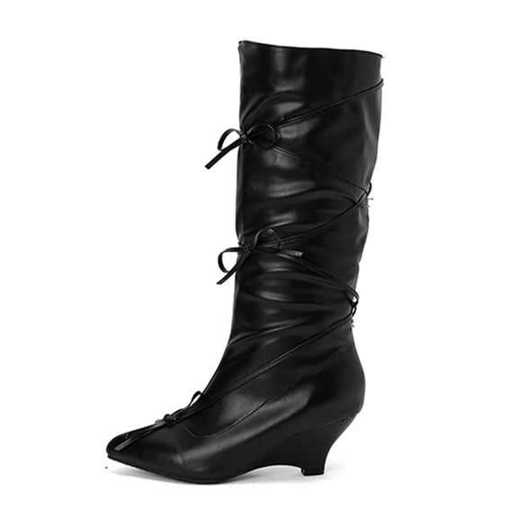 Women's Leather Knee High Fall Boots Wide Calf Low Heel Knee Length Booties Fashion Pointed Toe Strappy Bowknot Elegants Dress Shoes Black Size 36