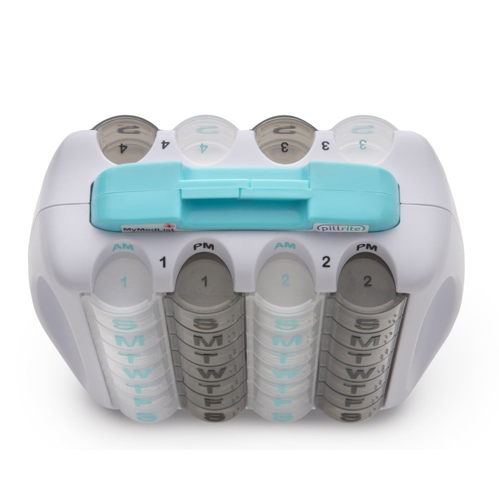 PillRite - Monthly Pill Organizer, Twice Daily AM and PM, 4 week pillbox. Easy and Simple to use dispenser for medications and vitamins.  Storage Compartment for Medical Information. Free Travel Bag.