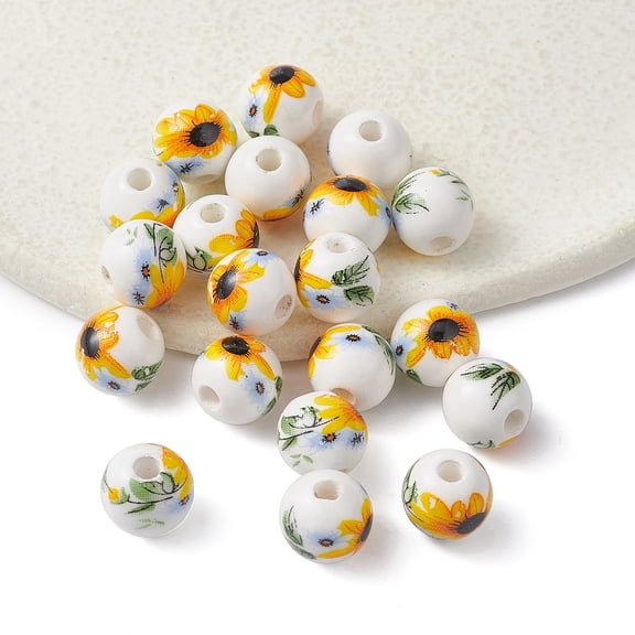 Handmade Porcelain Beads Round with Sunflower Pattern Yellow 10mm Hole: 2mm
