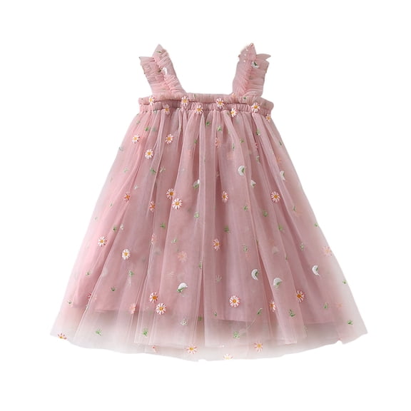 FINALGANG Toddler Girl Floral Print Tulle Dress Ruffle Strap Flowy A Line Casual Sundress For Summer Beach Daily Wear Stylish Dress