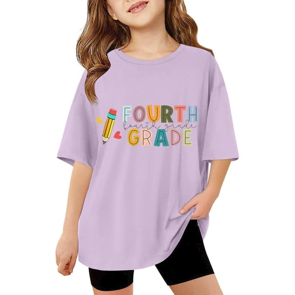 XEGLSBU Girls T Shirts Size 14-16 Girls Casual Short Sleeve T Shirt Round Neck Graphic Print Loose Fit Tee for School Activities Spring Summer Purple Size 5-6 Years