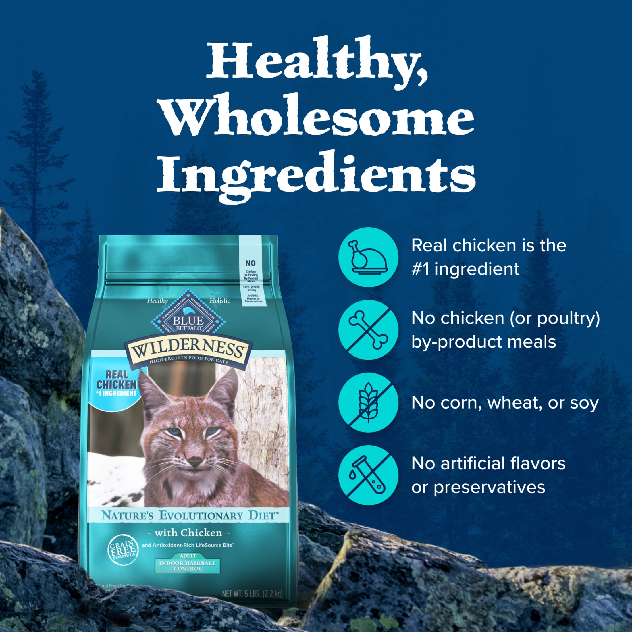 Blue Buffalo Wilderness Indoor Hairball Control Dry Cat Food, Grain-Free, Chicken, 5 lbs.