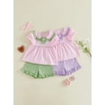thumbnail image 3 of BemeyourBBs Toddler Baby Baby Girl Summer Clothes Infant Baby Girl 2 Pieces Outfit Bow Embroidered Striped Ruffled Trim Doll Collar Short Sleeve Shirt Tops and Shorts Set, 3 of 9