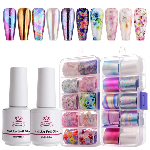 Makartt Nail Art Foil Glue Gel with Stickers Set Rose Flowers Metal