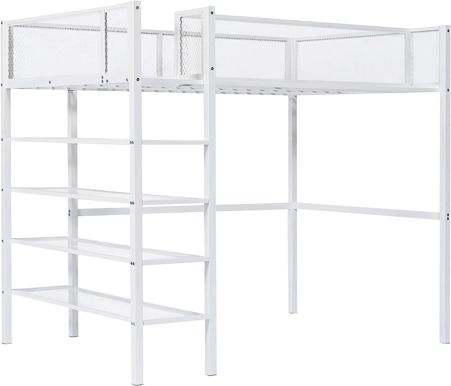 DEALTOPS Twin Size Metal Loft Bed with 4-Tier Shelves and Storage - White