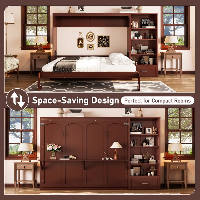 Queen Size Wall Murphy Bed with Adjustable Shelf, All-in-One Storage Bed Frame with Drawer, Folding Platform Bed for Guest Room