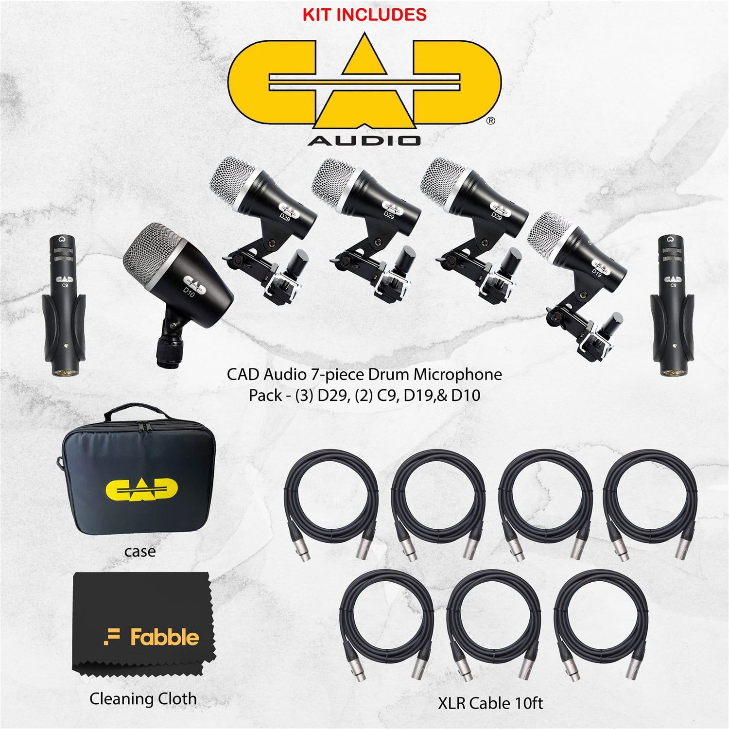 CAD Audio Stage7 7-Piece Drum Microphone Pack Bundle with 7× 10ft XLR Cables and Premium Microfiber Cleaning Cloth – Complete Drum Mic Kit for Live Sound and Studio Recording