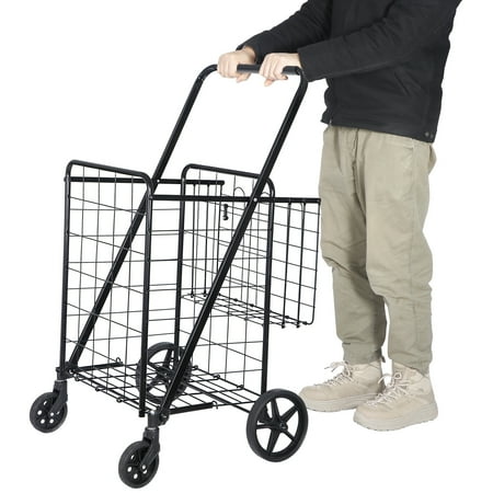 HomGarden Foldable Shopping Cart Utility Cart W/ Basket & Wheels- for Grocery Laundry Garage