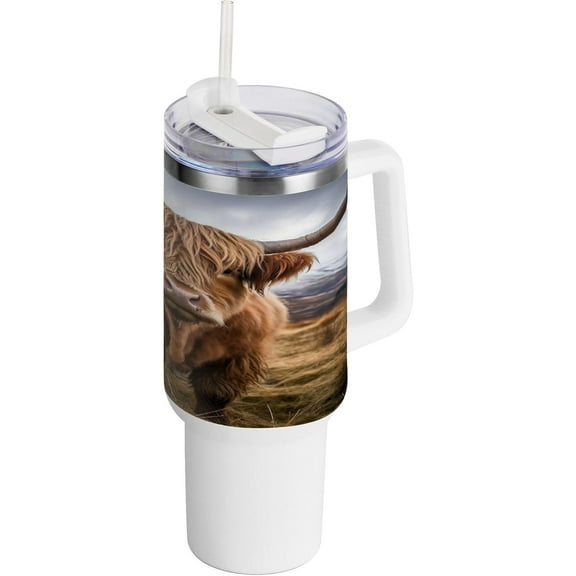 SKYSONIC 40 oz Highland Cow Tumbler with Handle and Straw Lid, Insulated Cup Reusable Stainless Steel Water Bottle Travel Mug