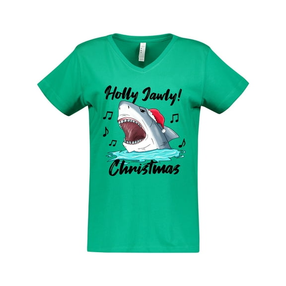 Inktastic Shark Holly Jawly Christmas Women's V-Neck T-Shirt