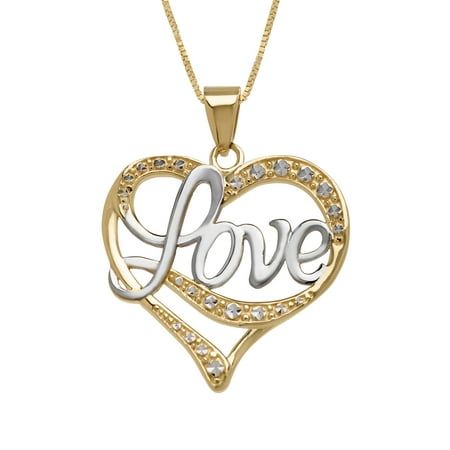 Simply Gold Script 'Love' Heart Pendant Necklace in 14kt Yellow & White Gold