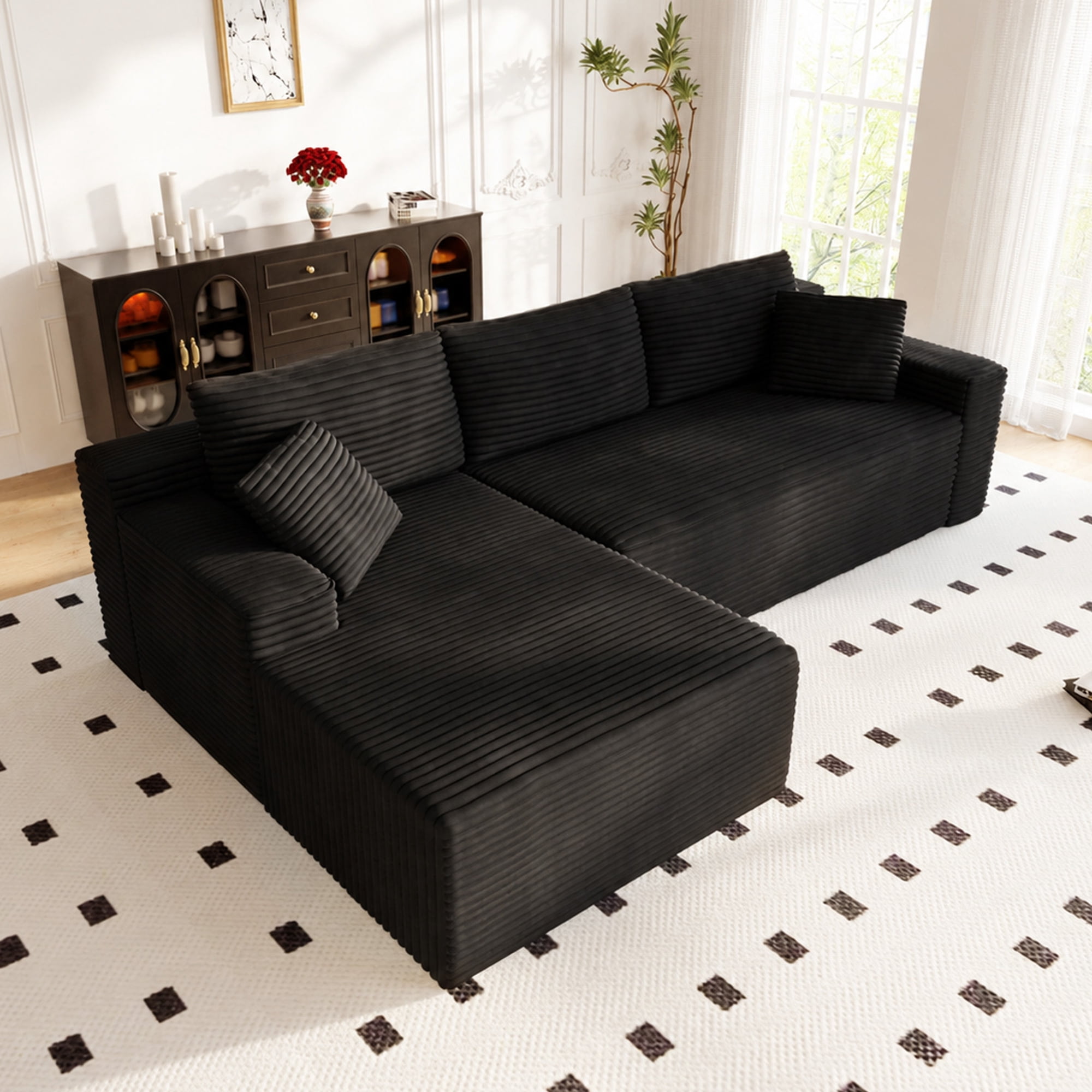 Lunale 105" Modular L-Shaped Sectional Sofa, Boneless Cloud Couch, No Assembly Required, Modern Deep Seat Corduroy Sofa for Living Room, Black (Left Facing Chaise)