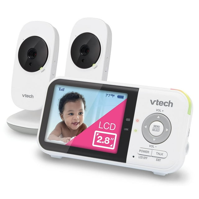 VTech VM819-2 Monitor para bebés, pantalla de 2,8", 2 cámaras, alcance de 1000 pies, visión nocturna, audio bidireccional, sensor de temperatura, canciones de cuna, transmisión segura sin WiFi