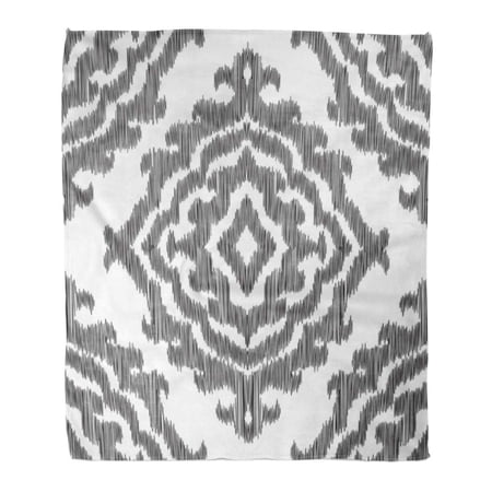 LADDKE Throw Blanket 58x80 Inches White Ikat Moroccan Damask Ottoman Style Impressive Scribble Effect Black Boho Warm Flannel Soft Blanket for Couch Sofa Bed