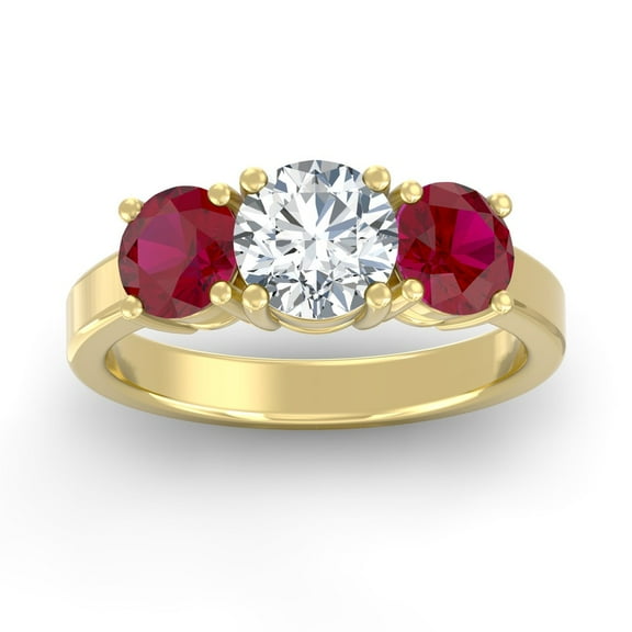 ARAIYA FINE JEWELRY 1 1/2 CT. T.W Round Shape Lab Grown Diamond and Natural Ruby Three-Stone Engagement Ring | 14K Yellow Gold Anniversary Ring Size 7