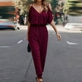 thumbnail image 4 of Gaecuw Jumpsuits for Women Rompers for Women Summer Short Sleeve Overall with Pockets V Neck Band Collar Solid Onesie One Piece Outfits Loose Baggy Long Pants Wide Leg Summer Romper Calf Length, 4 of 5