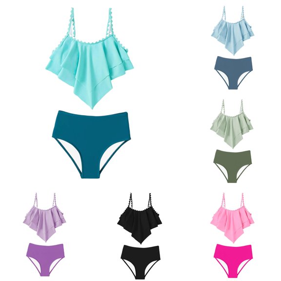 Yuhangmm Girls Bathing Suits, Girls Swimsuit 2 Piece Bikini Tiered Ruffled Bathing Two Piece Girls' Swimwear With Adjustable Straps Swimsuit Big Girls Size Light Green 7-8 Years