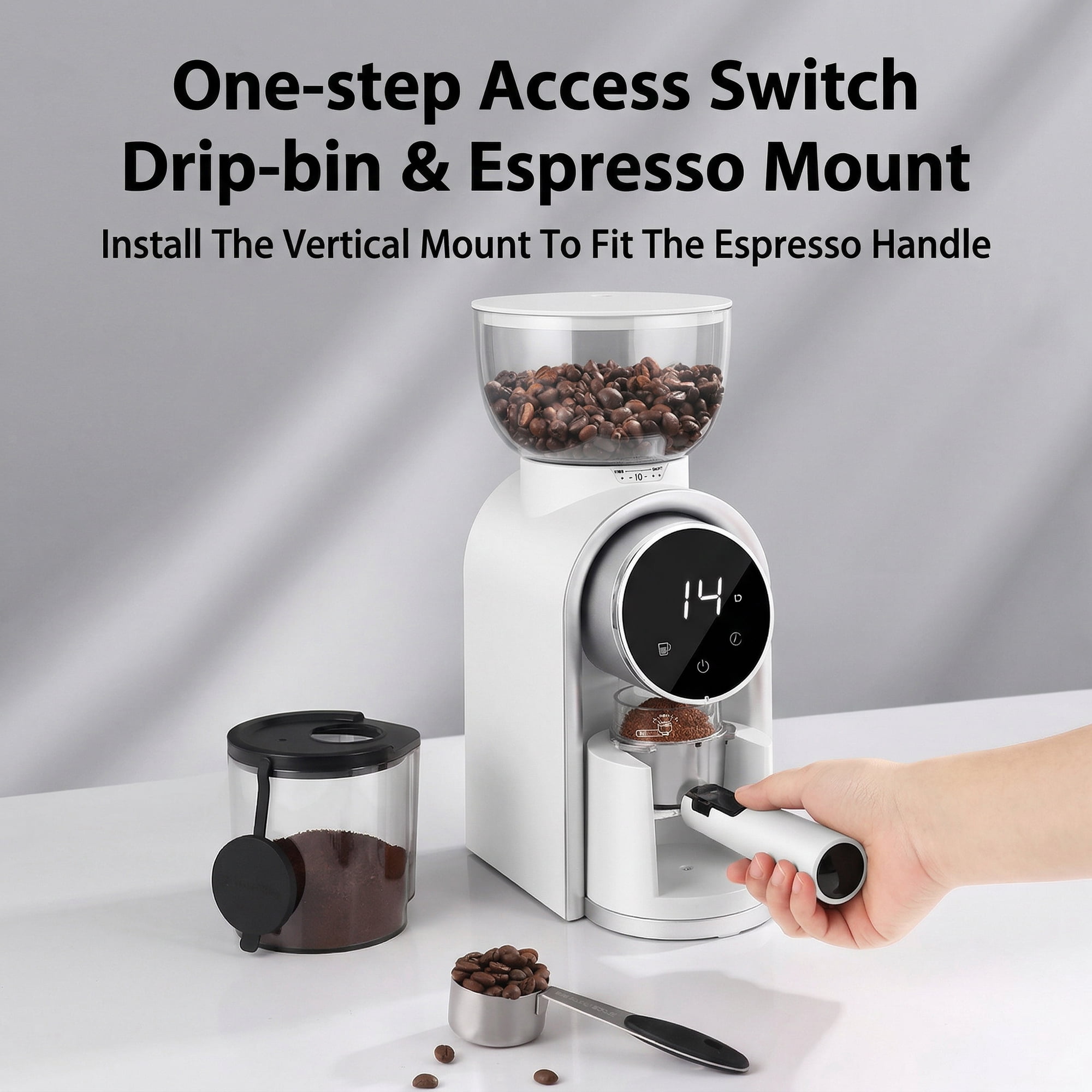 Electric Coffee Grinder LHKLUK, 25 Grind Settings, Timer & Cup Dual Modes, Touch Screen, Stainless Steel Conical Burr, Plastic Body, 250g Capacity, for Home & Commercial Use, White