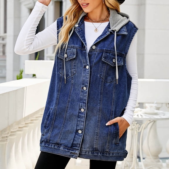 Nrmvnmi Women's Oversized Denim Vest Mid Long Jean Vest Sleeveless Jackets Distressed Vest Cotton Plus Size Turn Down Collar Loose Washed Denim Jacket Dark Blue