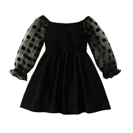 

KIMI BEAR 2T Toddler Girl Dress 3T Toddler Girl Round Neck Puff Sleeves Long Sleeves Dress A-ling One-piece Dress Black