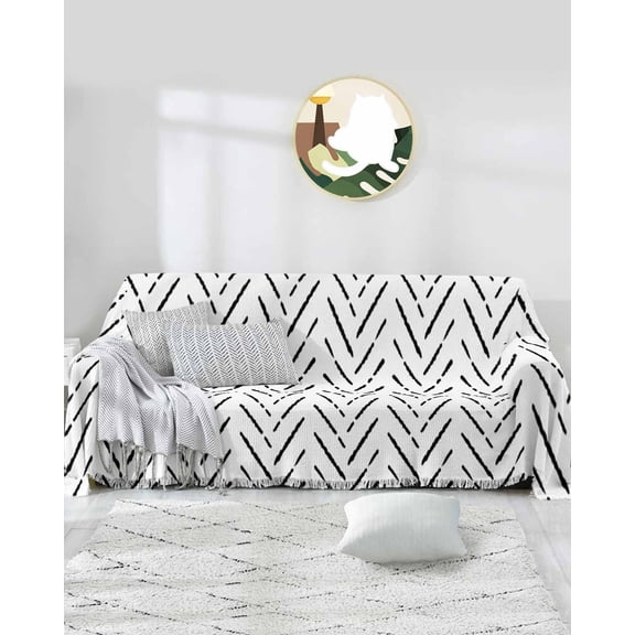 Black White Striped Sofa Covers for 3 Cushion Couch,Washable Sectional & L Shape Couch Covers for Dog/Cat/Kids,Contemporary Minimalist Geometric Non Slip Sofa Slipcover Tassel Futon Cover 71x150