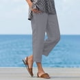 thumbnail image 2 of UVEASISHA Women Cotton Linen Capri Pants Elastic Waist Straight Leg Summer Casual Trousers Fashion Side Slit Going Out Capris with Pockets Gray S, 2 of 8