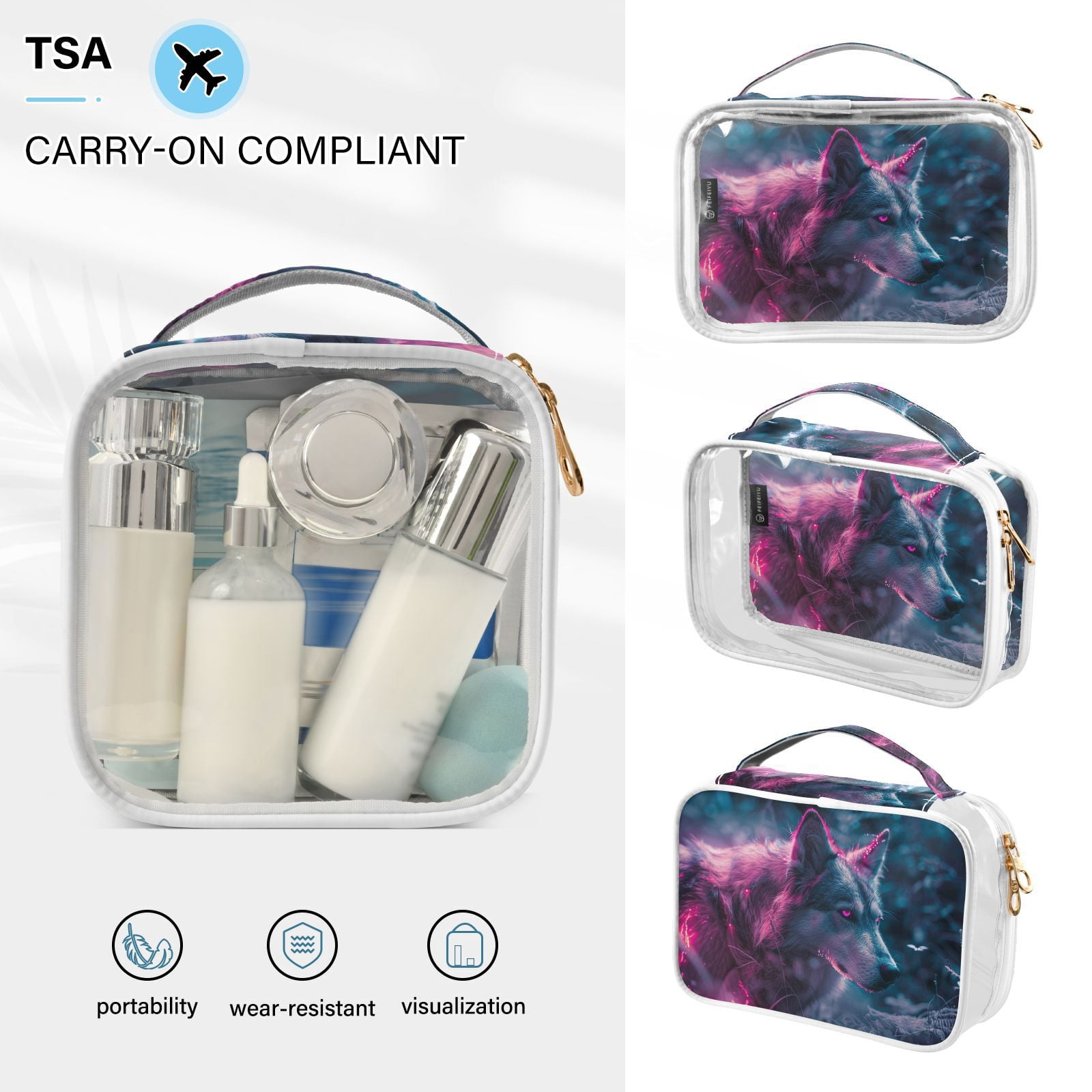 Clear Makeup Bags with Handle Large Opening 2 Pack Set Toiletry Bag Quart Size Bag, for Women Man Traveling Travel Essentials, Toiletries and Other. Wolf