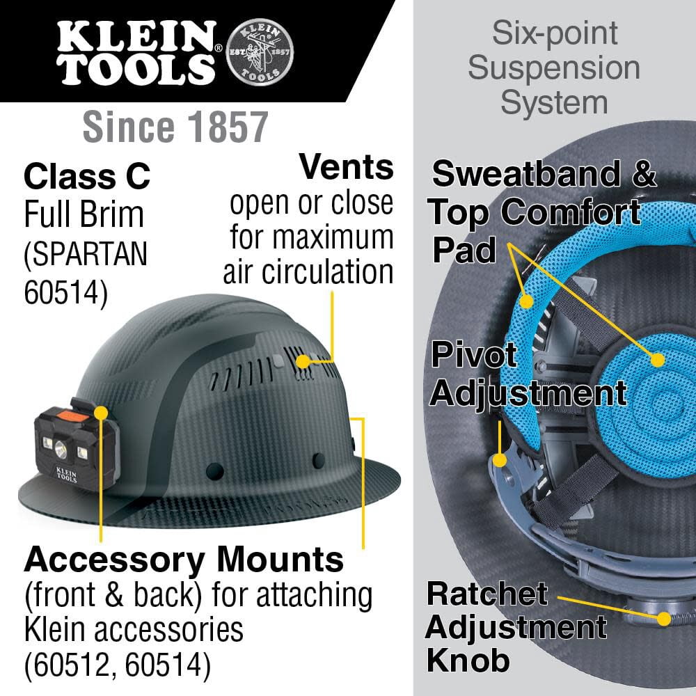Klein Tools 60514 Klein Carbon Fiber Full Brim Hard Hat with Headlamp