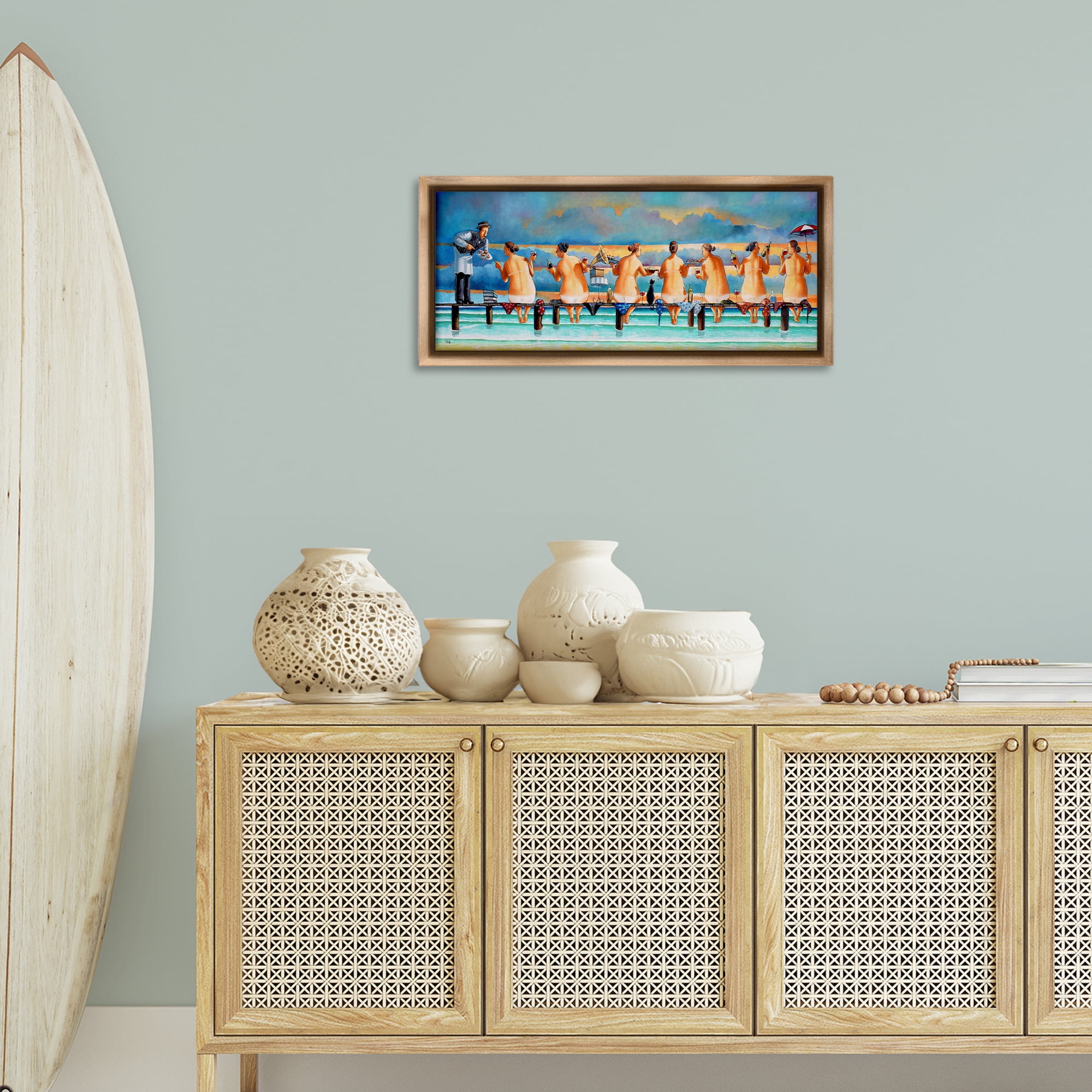 Stupell Industries Ladies Enjoying Beach Novelty Painting Brown Floater Framed Canvas Art Print Wall Art, 31 x 14