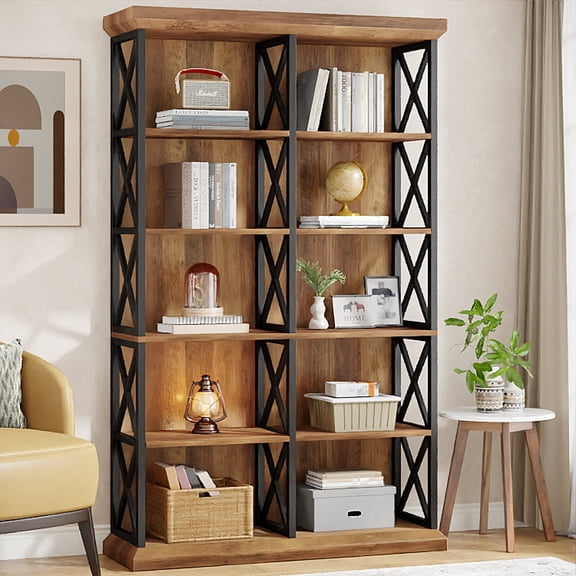 Finmind 6-Tier Bookcase, 74.8-Inch Industrial Bookshelf, Floor Standing 10- Shelf Display Storage Shelves for Home Office, Living Room, Bed Room, Brown and Black