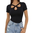 thumbnail image 2 of MOYIKO Crewneck T Shirts for Women Short Sleeve Sexy Cutout Slim Fitted Tees Elegant Tight Summer Tops, 2 of 7