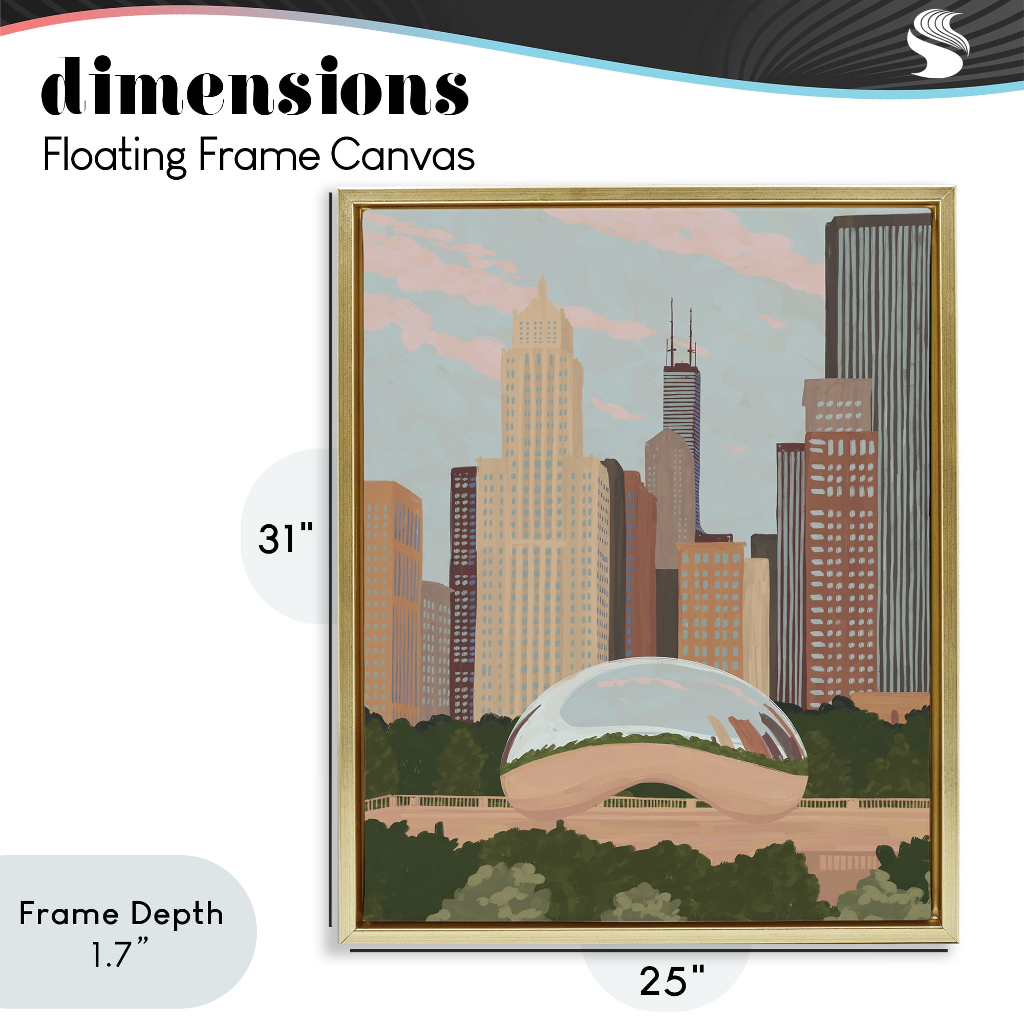 Stupell Industries Chicago Bean Cityscape Gold Framed Floater Canvas Wall Art, design by Veronica Lara