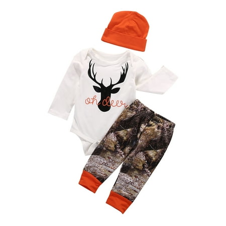 

Fullvigor Baby Boys Long Sleeve Letters Deer Romper Bodysuit Camo Pants with Hat
