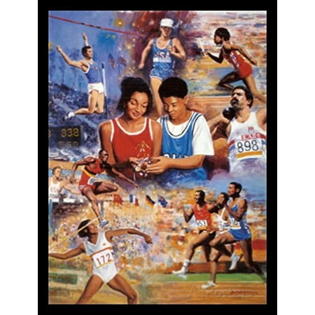 FRAMED Track & Field Dreaming by Clemente Micarelli 18x22 Art Print Poster Sports Young Boy and Girl Dreaming of Being Track and Field Stars Holding Gold Medal and Trophy