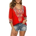 thumbnail image 3 of Higustar Womens Plus Size Tops 3/4 Sleeve V Neck Tunic Shirts Casual Floral Embroidered Loose Summer Fall Blouses Mexican Peasant Cotton Rayon Shirts-054-Red/H-M, 3 of 12