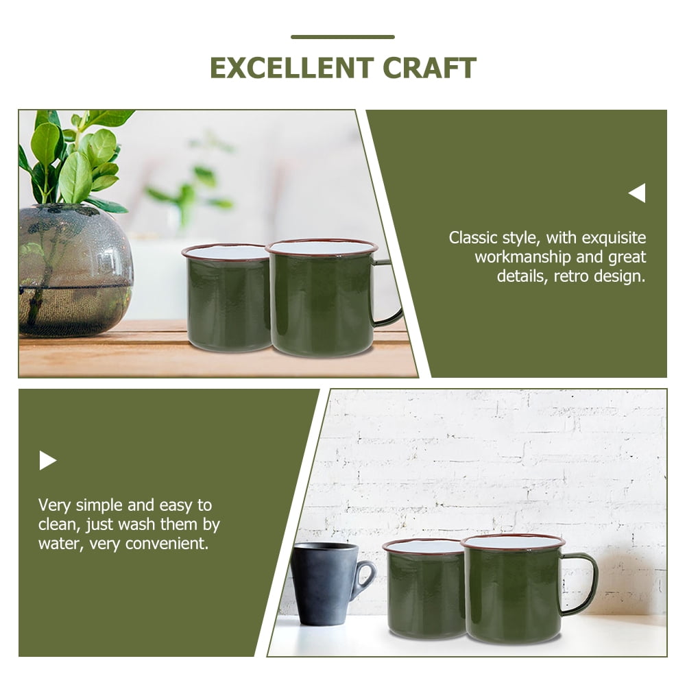 Green Enamel Coffee Mugs with Lid for Kitchen Simple Style Durable and Easy to Clean 2 Pieces