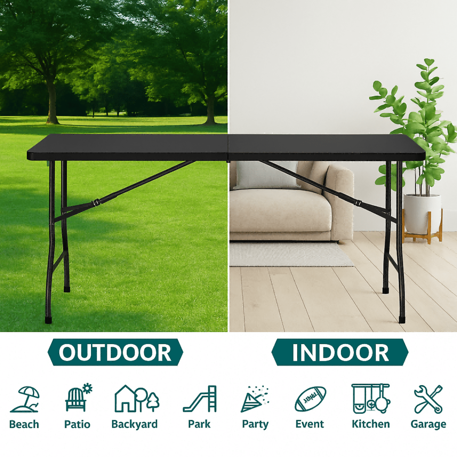 HONGGE 5 ft Folding Table with Carry Handle Plastic Foldable Table for Indoor Outdoor Use, Picnics, Parties, BBQs - Black