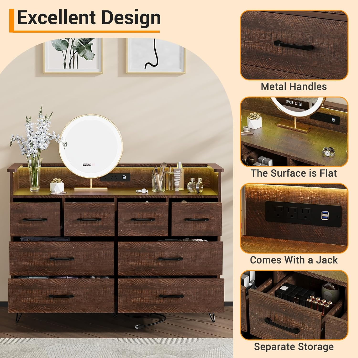 8 Drawer Wood Dressers for Bedroom with Led Light and Power Outlet, Wooden Dressers with Open Shelves and Gold Handle for Adult and Kids Bedroom, 16.6" Wide Modern Chest of Drawers for Living Room