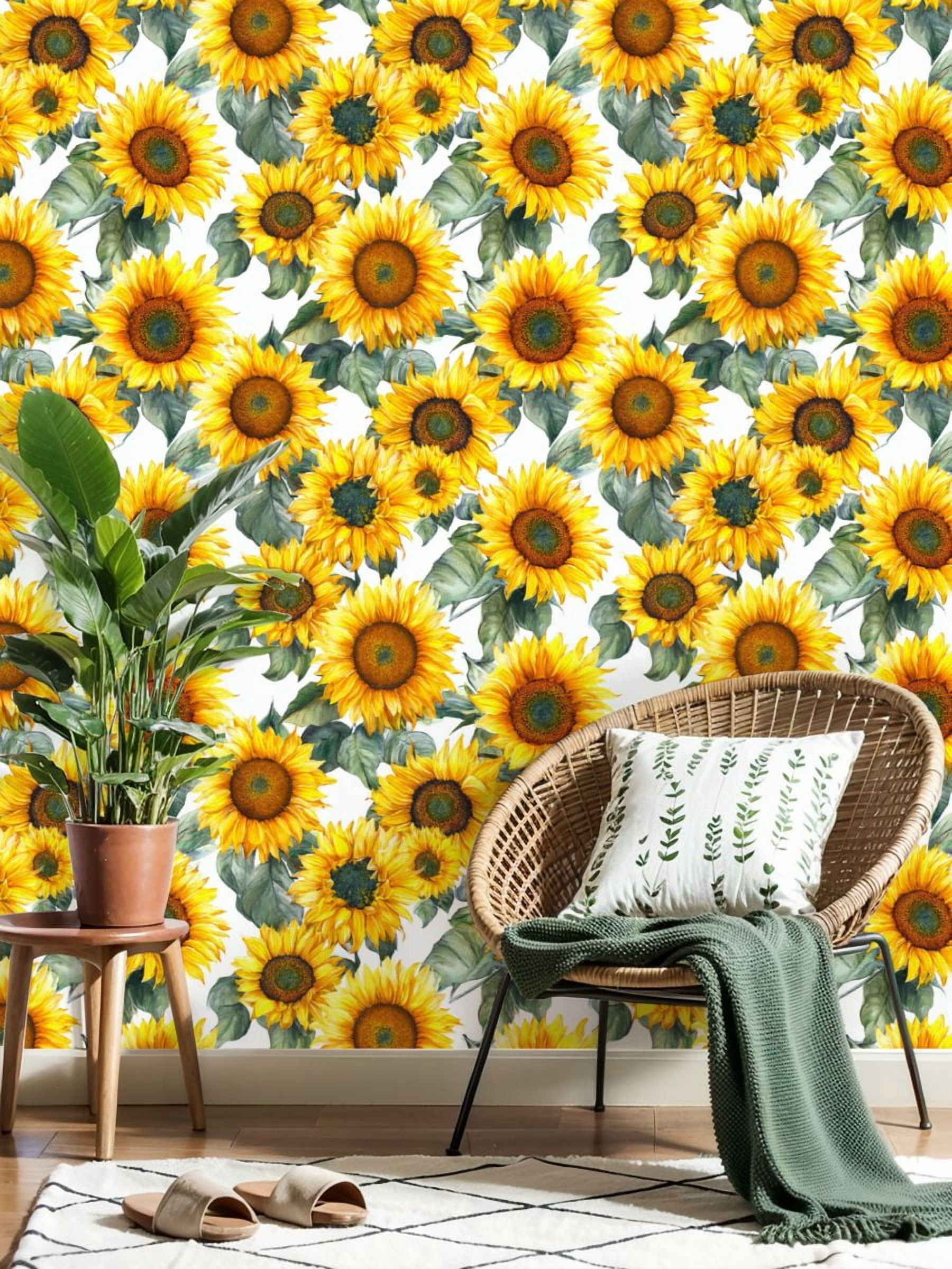 Peel and Stick Wallpaper 17.7in x 9.8ft Sunflower Vibrant Yellow Petals Green Leaves Contact Paper Vinyl Self-Adhesive Removable Wall Paper for Bedroom DIY Home Decor Renter Friendly