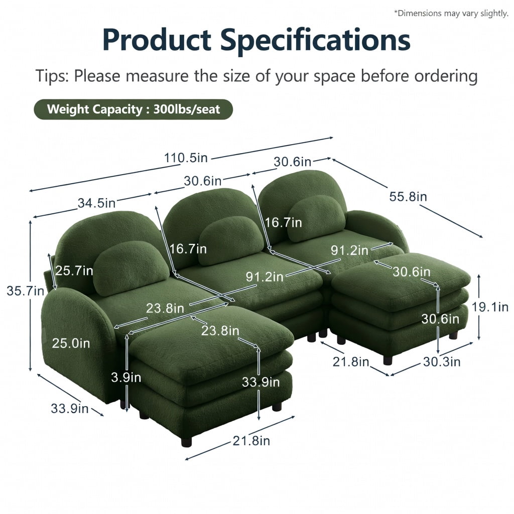 Hommoo Teddy Fleece 3-Seat Modular Sectional Sofa with Curved Backrest, Lumbar Pillows & 2 Movable Ottomans, Cloud-Like Comfort, Easy Assembly, Green
