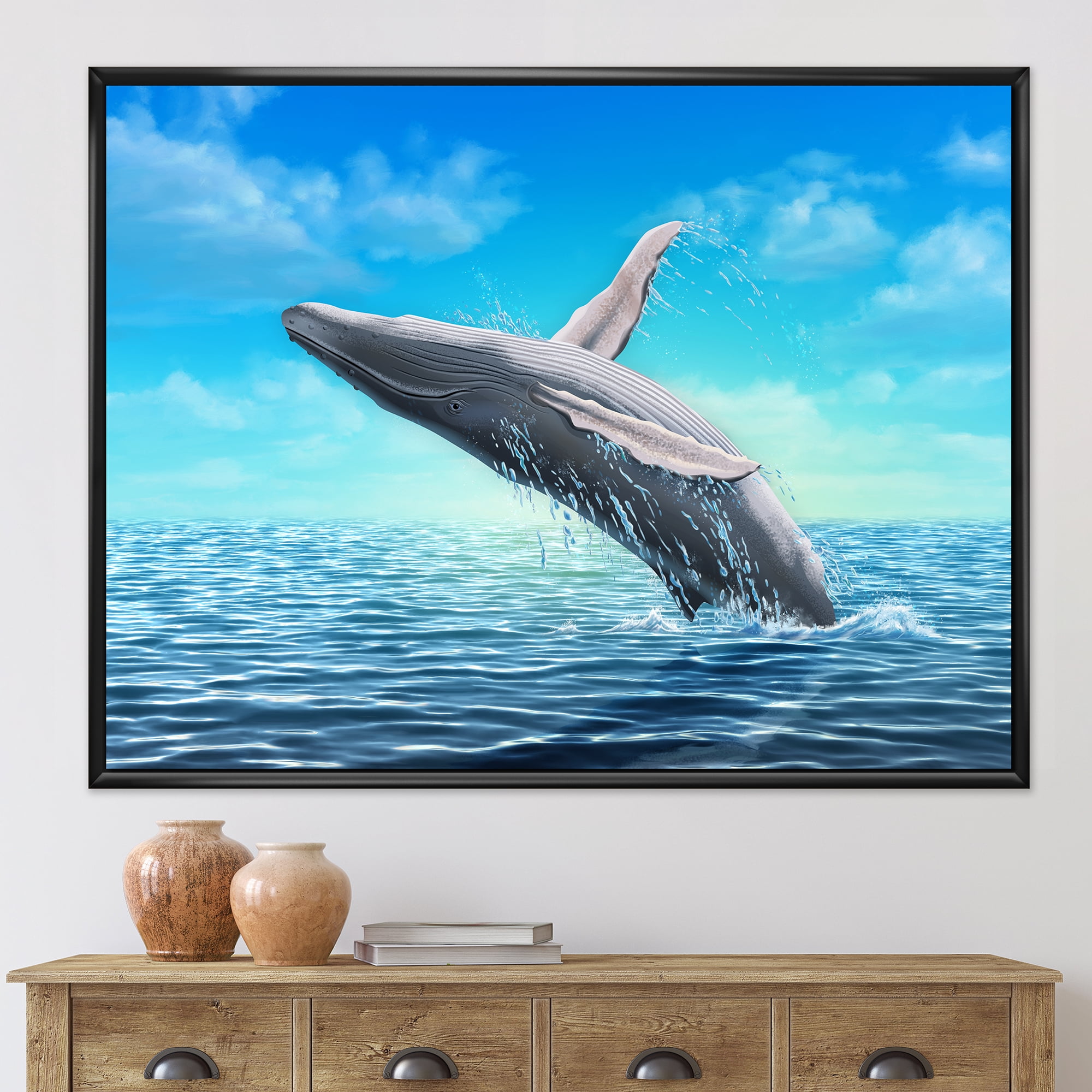 Humpback Whale Jumping Out of Sea 32 in x 24 in Framed Painting Canvas Art Print, by Designart