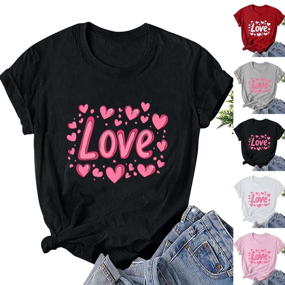 Jsaierl Women's Valentines Day Shirts Sweet Love Heart Graphic Tees Work Short Sleeve Blouse Round Neck Tunic T-shirt Tops Womens Fashion