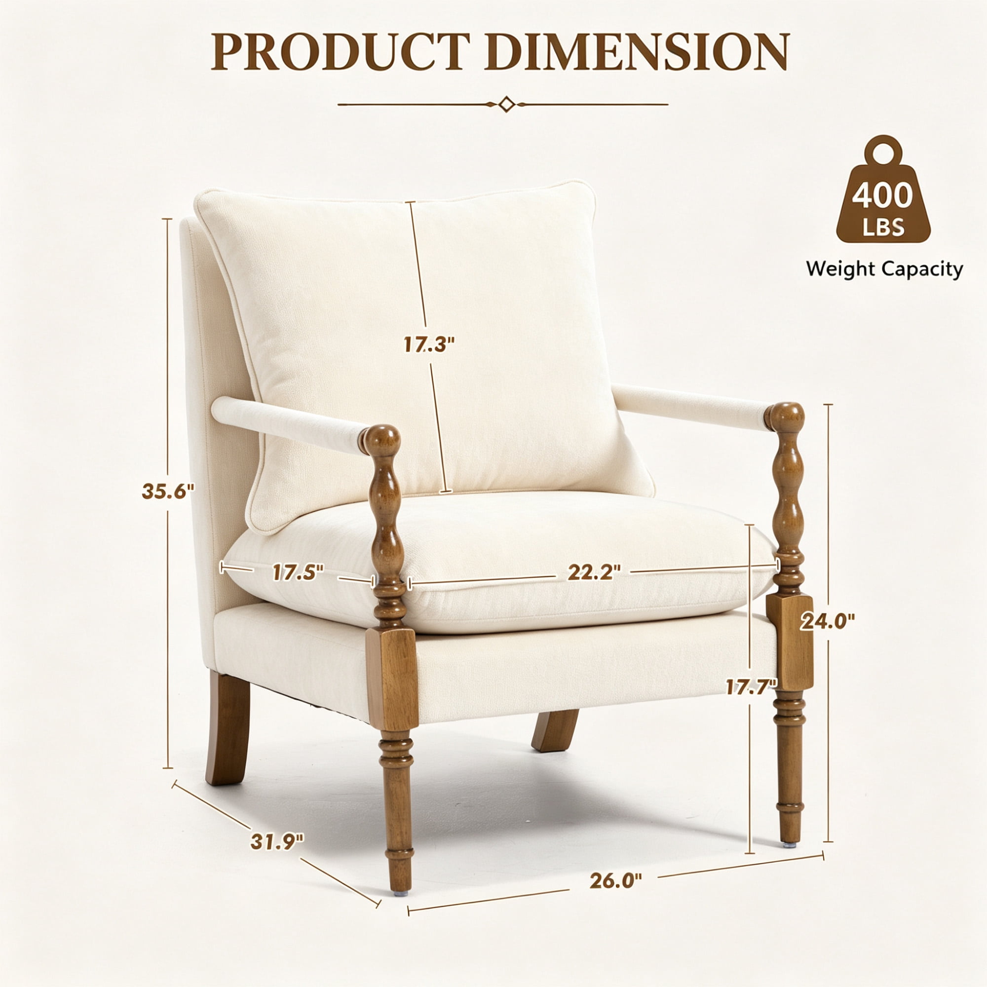 Mid-Century Modern Spindle Armchair,Linen Accent Chair with Cushion & Wood Frame for Living Room Bedroom Office,Beige
