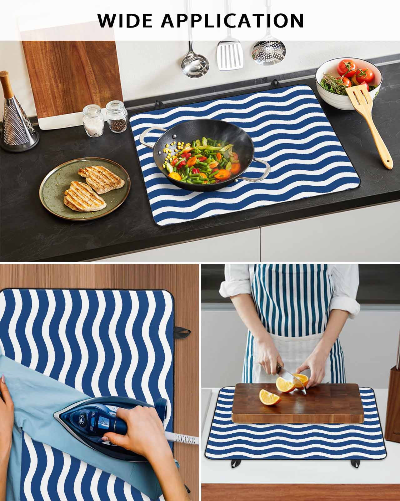 nqOlkjepod Large Induction Cooktop Protector Mat 36"x21", Navy Blue White Stove Top Covers for Electric Stove, Abstract Waves Water Ripple Striped Stove Burner Cover Mats, Glass Top Stove Cover