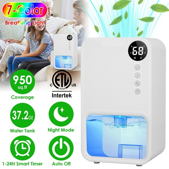 Moclever Dehumidifiers for Home, 37.2 Oz Water Tank, (950sq.ft) Portable Small Dehumidifier for Bathroom Basement Bedroom with Sleep Mode 1-24H Timer 7 Colors Lighting, White