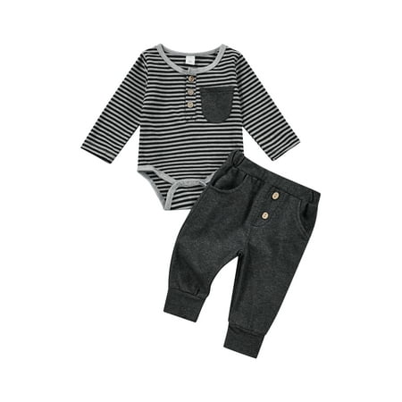 

Suanret 2pcs Newborn Baby Boys Causal Clothes Pocket Long Sleeve Striped Romper Tops+Pants Sets Black Gray 6-12 Months