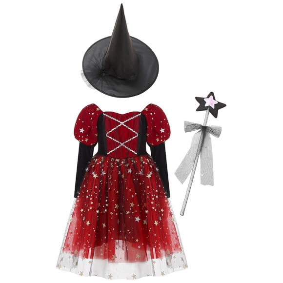 Runhomal Girls Fairytale Witch Outfits Long Puff Sleeve Shinny Star Dress Pointed Hat and Star Wand Red 130