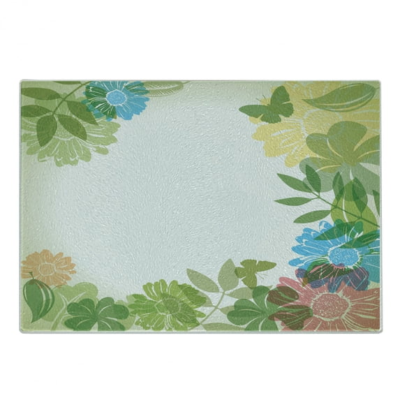 Green Flower Cutting Board, Floral Pattern Wildflowers Leaves and Butterflies Nature Inspired Illustration, Decorative Tempered Glass Cutting and Serving Board, Small Size, Multicolor, by Ambesonne
