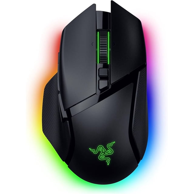 mouse inalámbrico razer basilisk v3 pro 35k negro Vista superior frontal del mouse inalámbrico Razer Basilisk V3 Pro 35K en negro, forma ergonómica derecha con acabado mate, rueda de desplazamiento texturizada iluminada, dos botones DPI, paneles laterales con agarre texturizado y logo Razer iluminado; anillo de iluminación Chroma multicolor alrededor de la base. Sensor 35K y conectividad inalámbrica para juegos; también suele usarse para trabajo de precisión.
