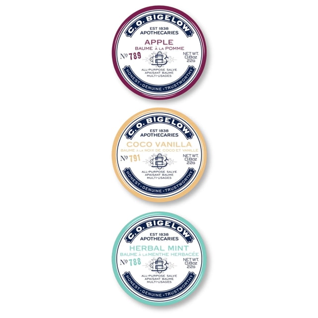 CO. Bigelow Salves multiuso, paquete variado de 3 latas de bálsamo labial para labios agrietados y piel seca, coco, vainilla, manzana, hierbas, menta, bálsamos hidratantes para labios y piel, 0,8 oz c
